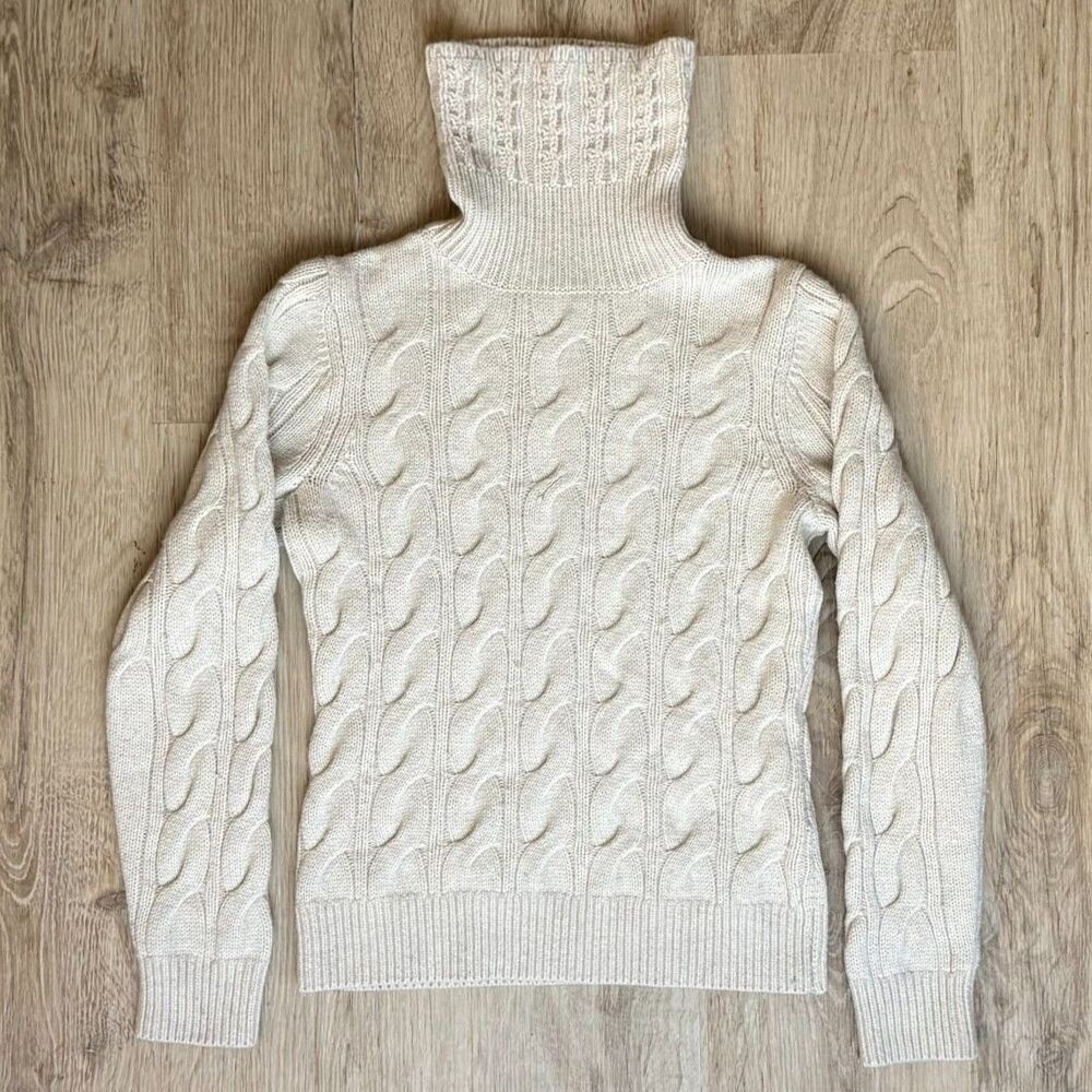 L.L. Bean Wool Blend Cable Knit Turtleneck Sweater XS Cream Ivory Warm
